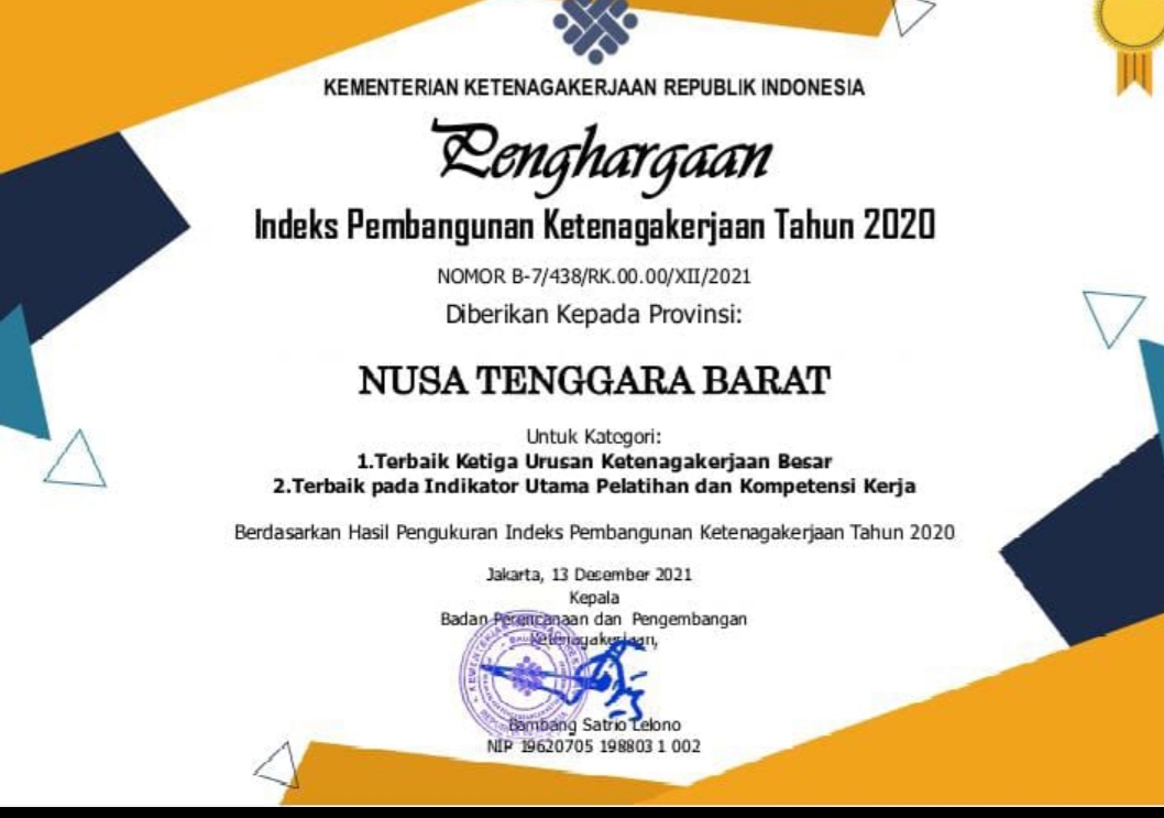 IPK NTB Ranking 15 Nasional, Terbaik Pada Indikator Pelatihan & Kompetensi Tenaga Kerja